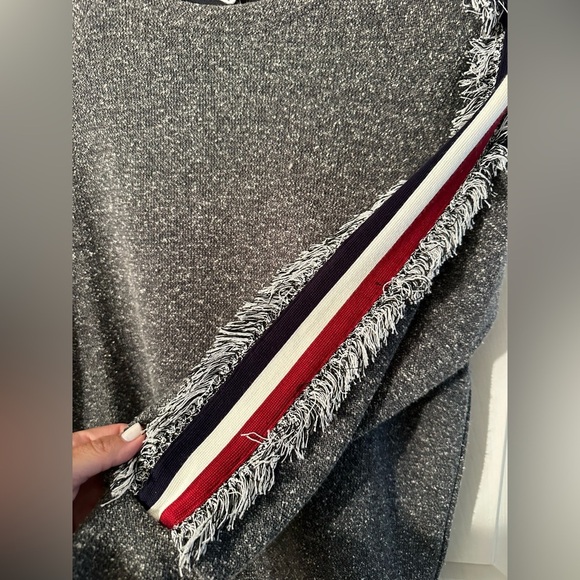 THML Small Heathered Speckled Navy Fringe Red White Blue Stripes Cozy Pullover - Picture 4 of 9